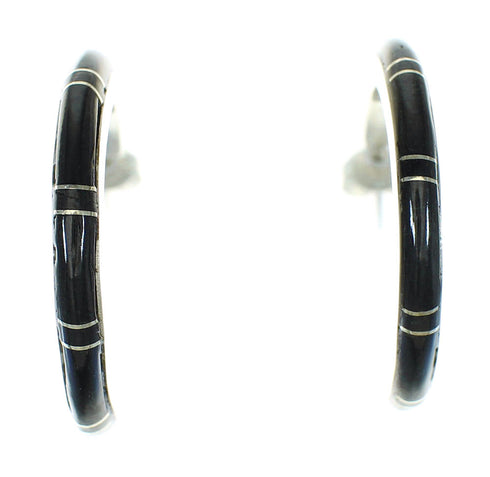Southwest Genuine Sterling Silver And Jet Inlay Post Hoop Earrings WX66622